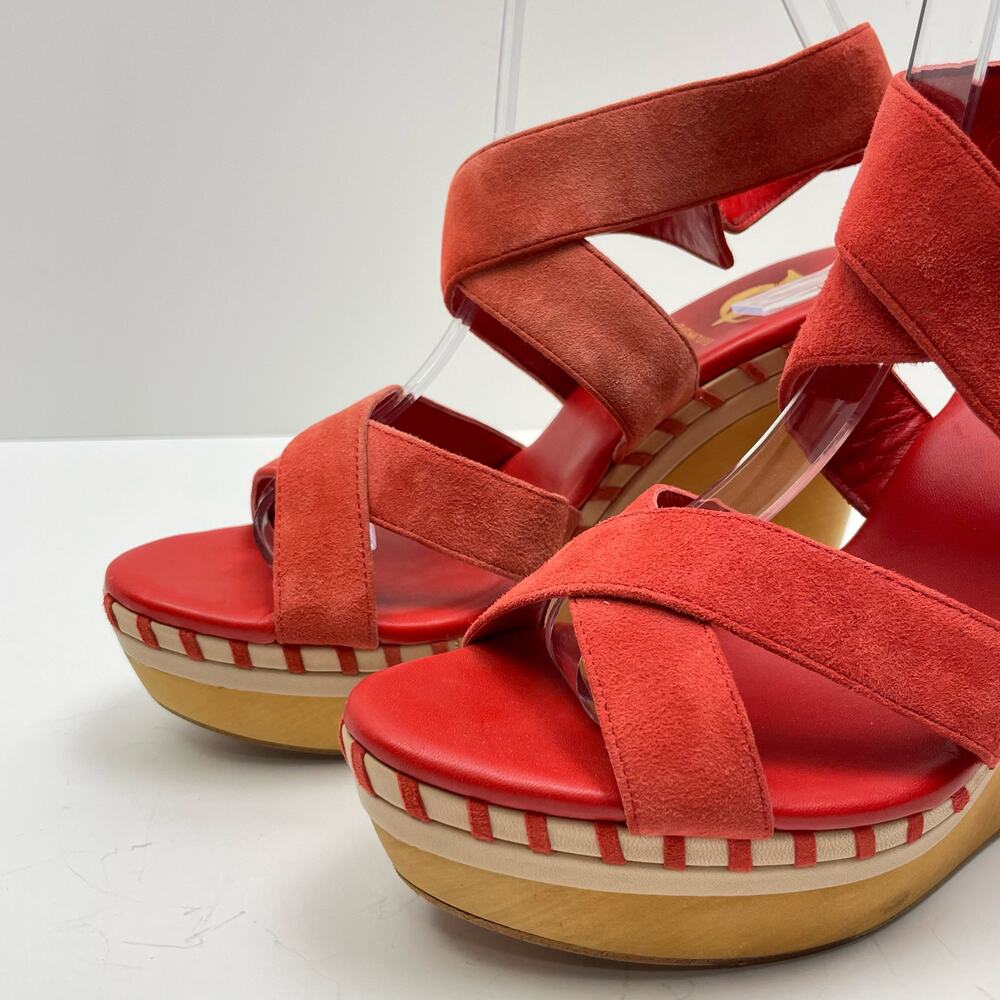 VC Signature | Lene Vince Camuto Red Leather Ankle Strap Block Wedge Sandals - Picture 6 of 12